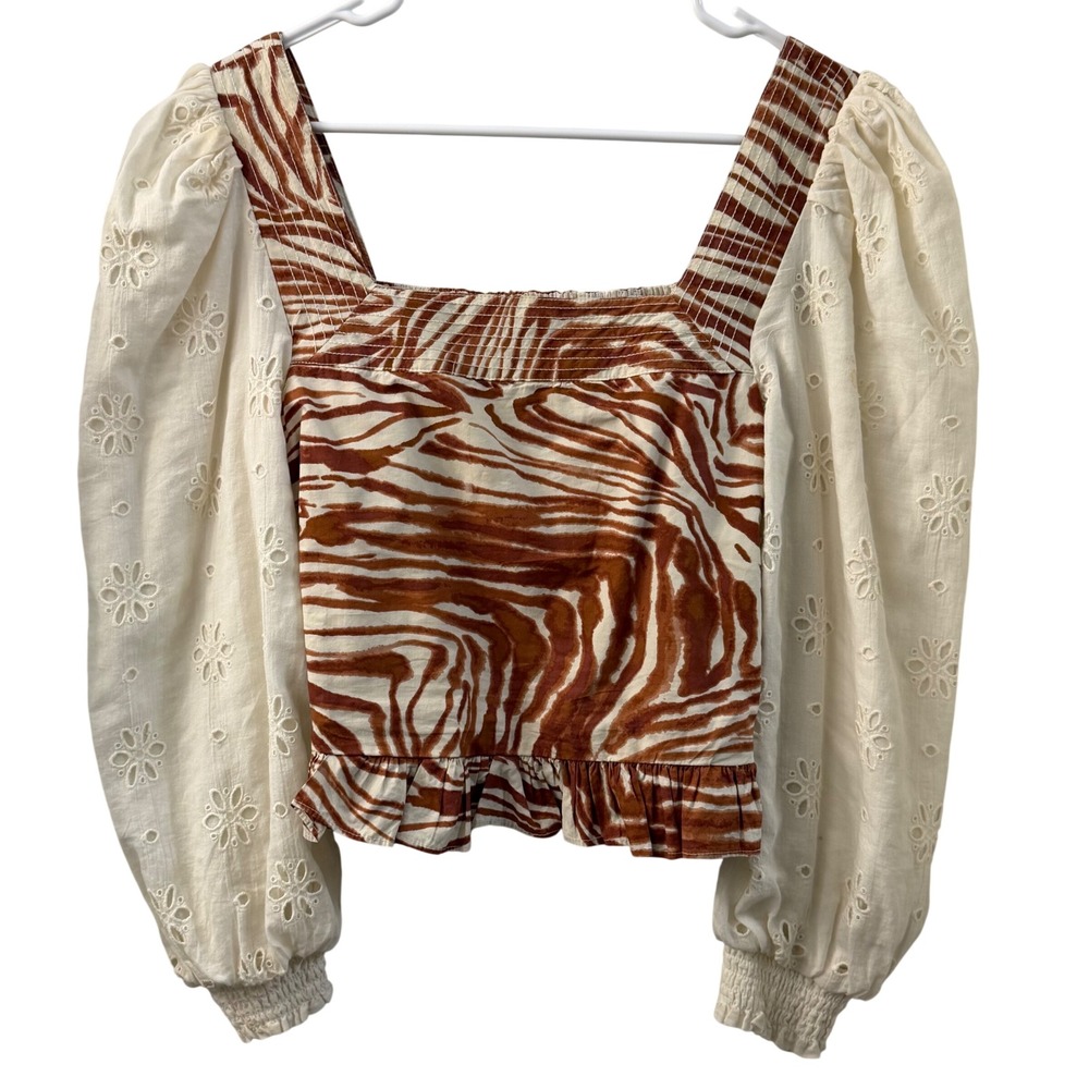 Love The Label Zebra Print Eyelet Puff Sleeve Top Brown Cream XS Smocked Peplum